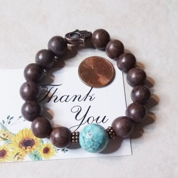 Hamsa Hand! Turquoise + Mocha Mousse! Howlite + Magnesite Blessings Bracelet 6" - Picture 8 of 9